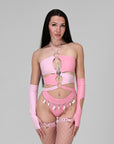 Pink infinity rave bodysuit with shimmer finish and cut-out sides — bold festival outfit for women’s EDM fashion.