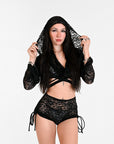 Black lace hooded ravewear.