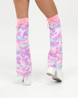 Pastel camouflage leg warmers with pink drawstring on a white background