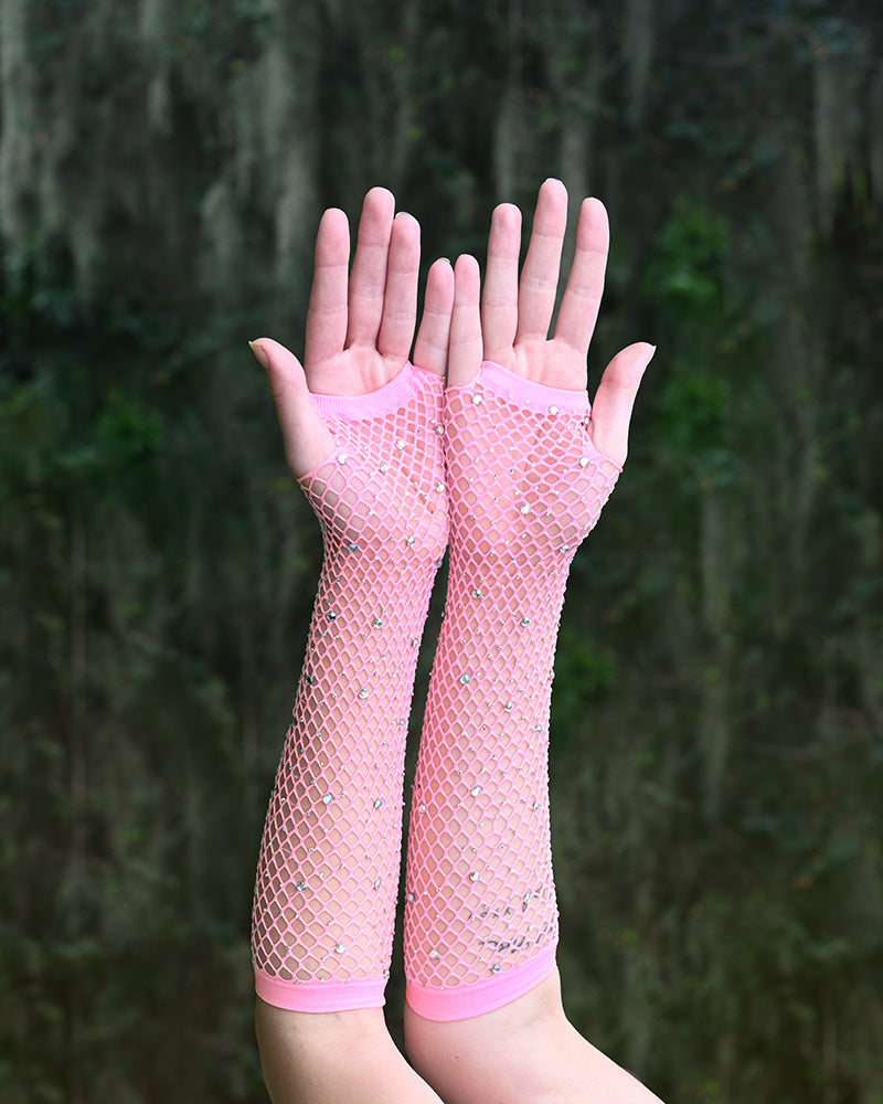 Pink Rhinestone Fingerless Gloves