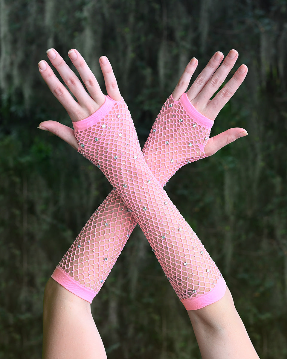 Pink Rhinestone Fingerless Gloves
