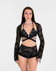 Black lace bikini and shrug set.