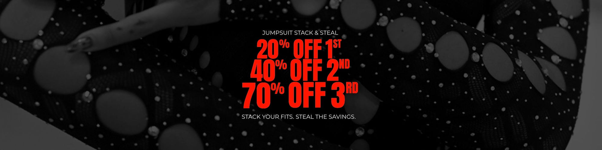Black background with red text displaying rave wear jumpsuit discount percentages.