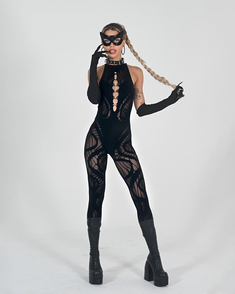 Classic Catwoman Halloween costume, shiny black catsuit for rave and cosplay.
