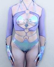 Load image into Gallery viewer, Iridescent-Purple-4-Ring-Cutout-Bodysuit-for-Festivals
