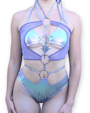 Load image into Gallery viewer, Purple-Cutout-Bodysuit-with-4-Rings-for-Raves
