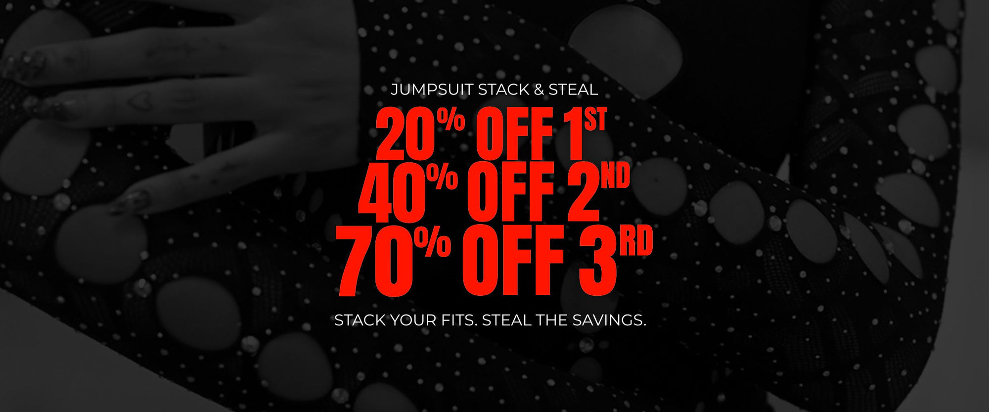 Promotional graphic with red text on a black background, featuring discount percentages for rave jumpsuits.