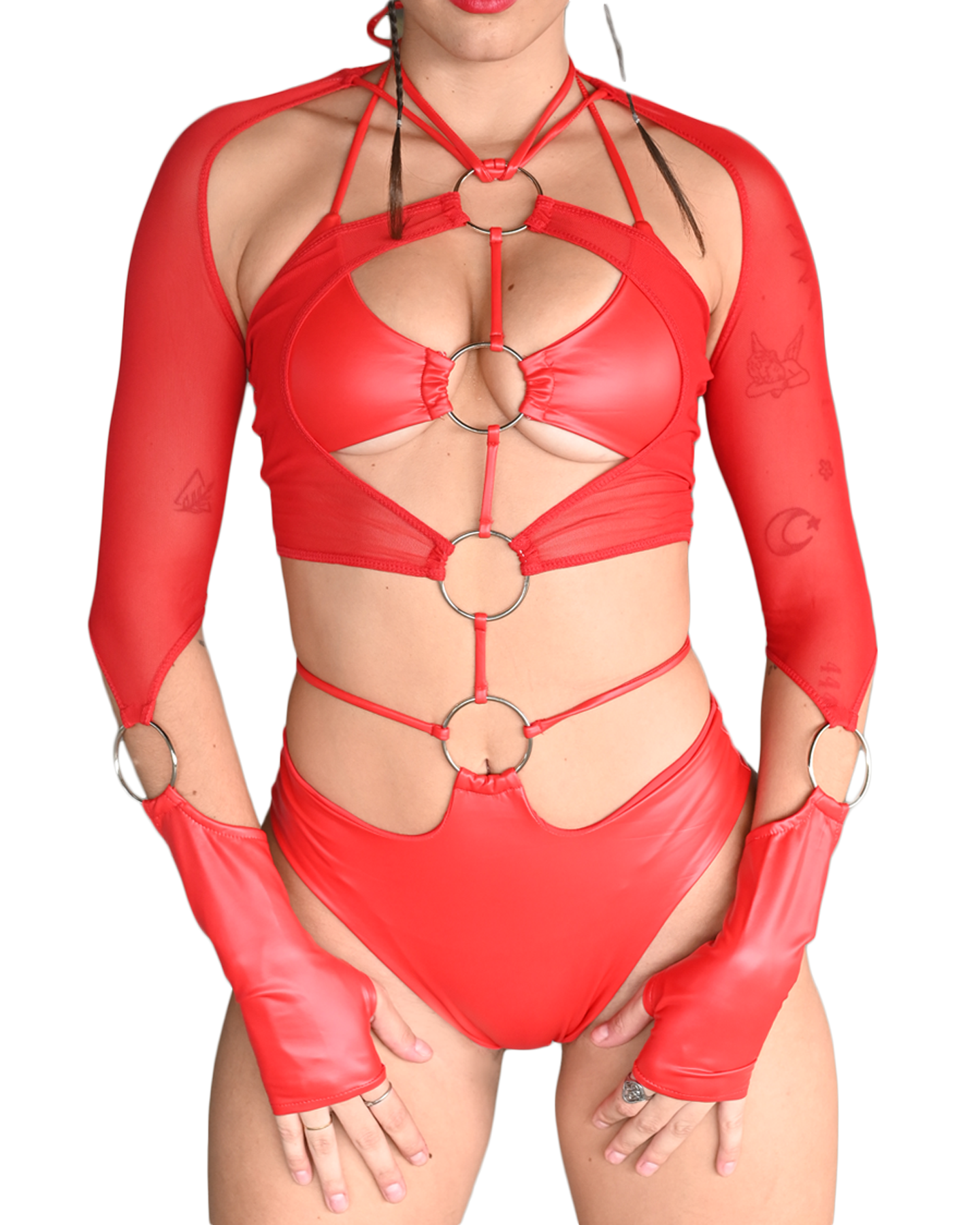 Red 4-Ring Cutout Bodysuit