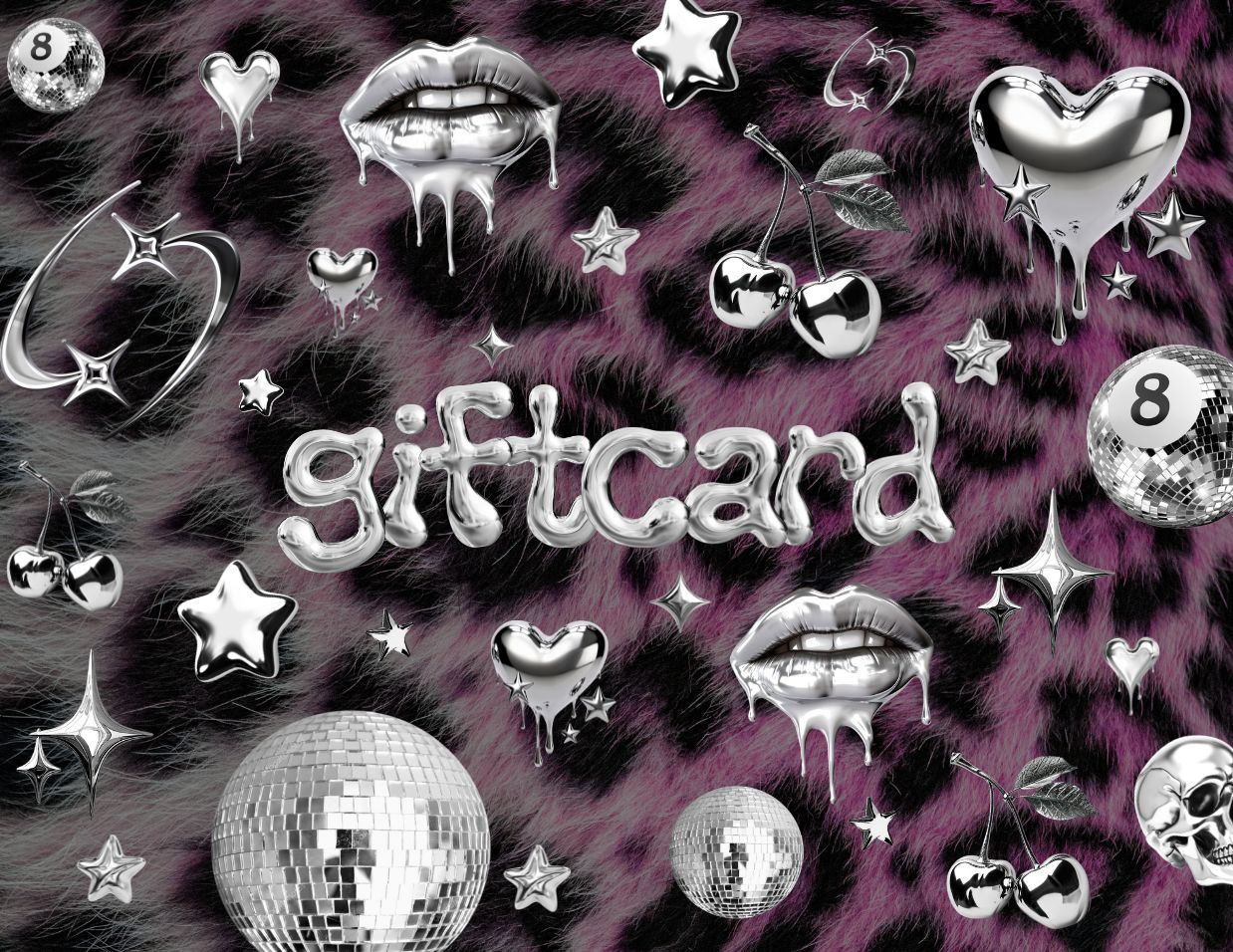 Rave wear gift card design with silver graphics on a purple and black patterned background