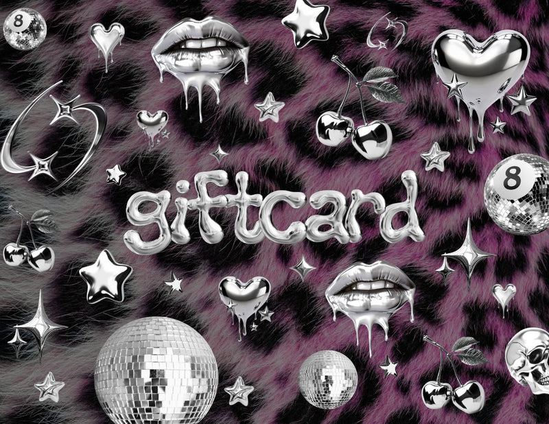 Rave wear gift card design with silver graphics on a purple and black patterned background