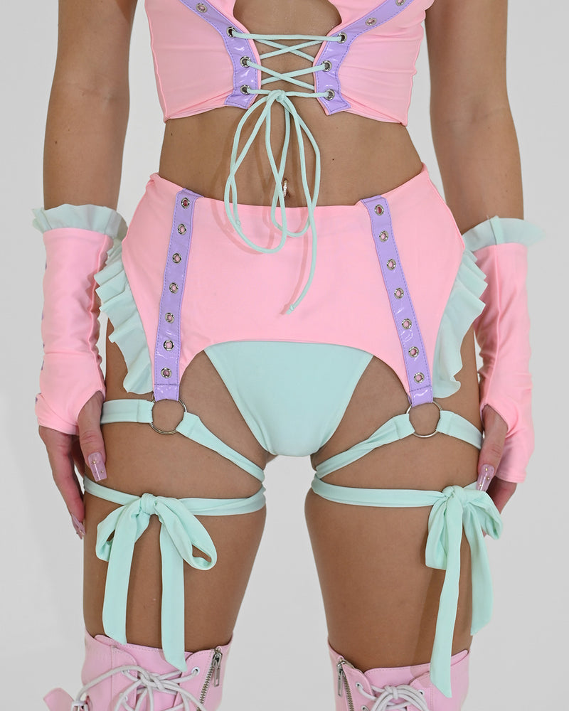 Pastel garter belt bikini bottoms.