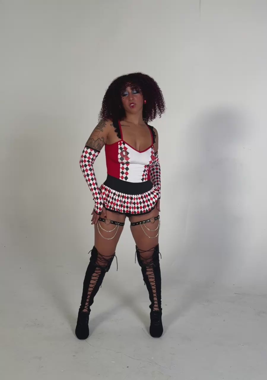 Queen of Hearts inspired Halloween rave bodysuit, red printed festival outfit.