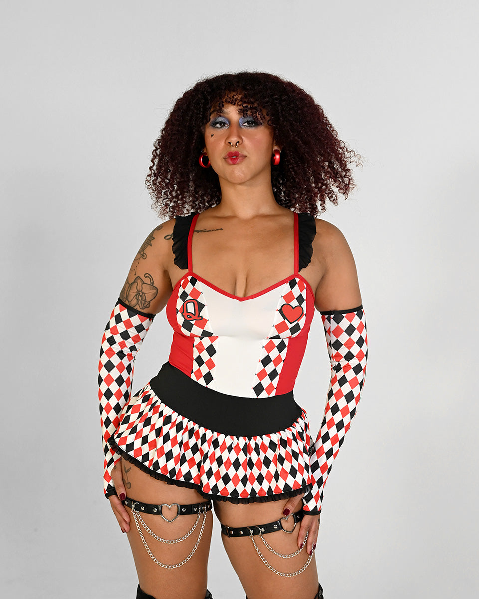 Red Queen of Hearts bodysuit for raves, sexy festival costume style.
