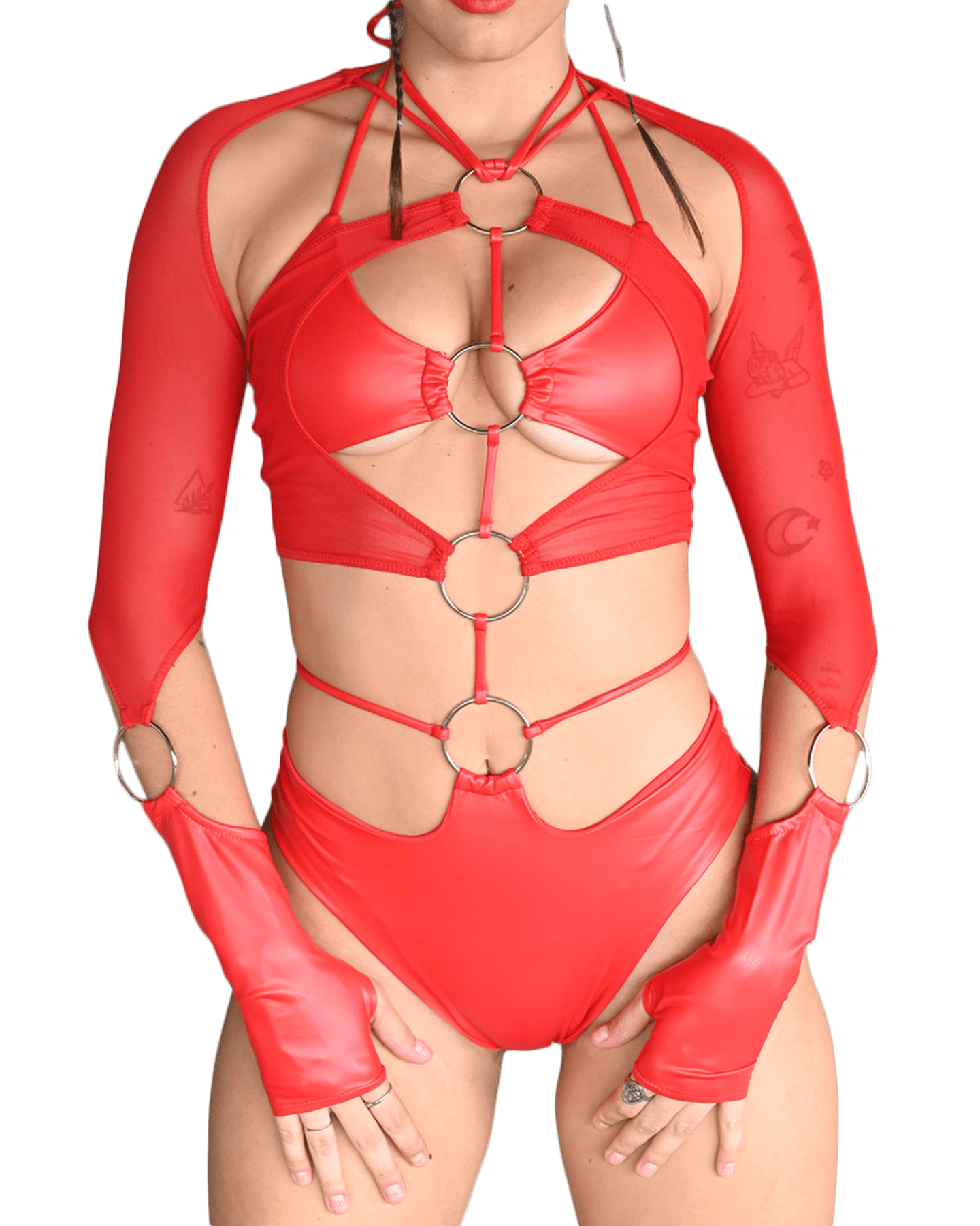 Red 4-Ring Cutout Bodysuit